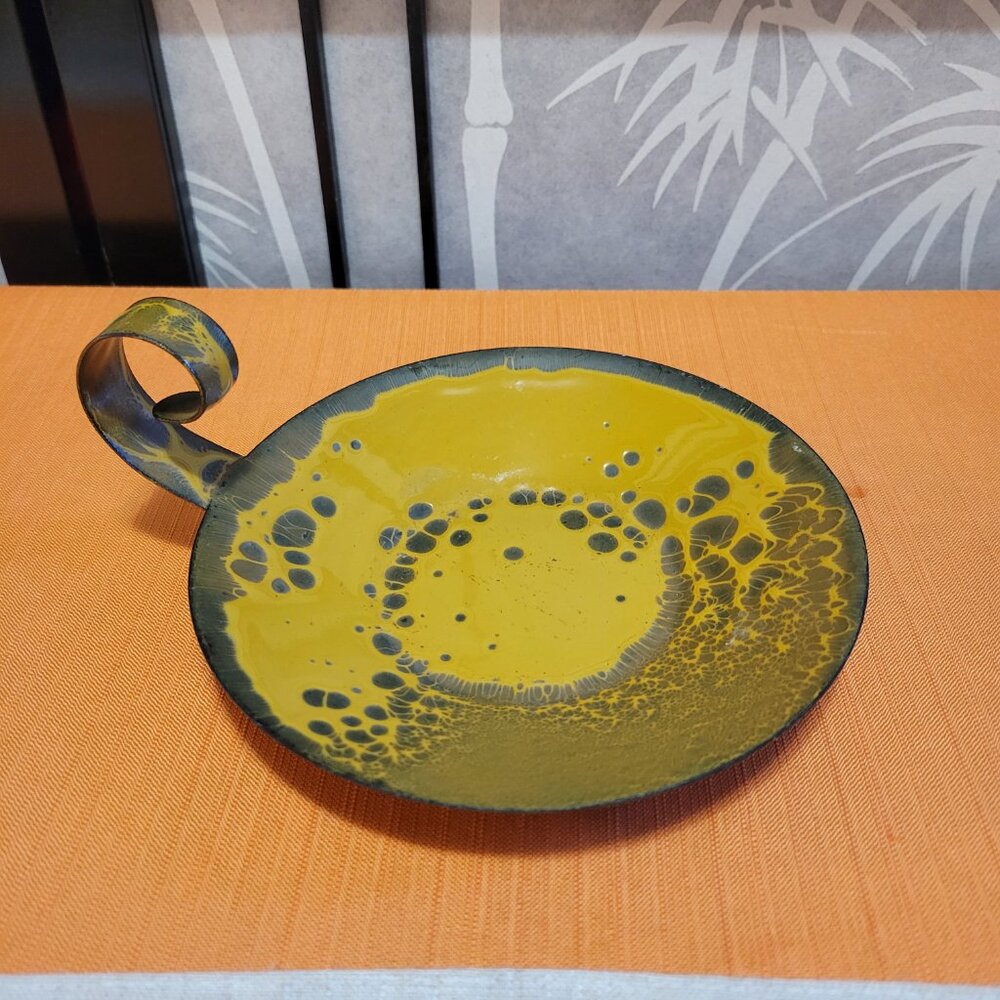 MCM Hanova of Pasadena Lava Enamel Mustard Candle Holder Handled Plate 8 1/2"